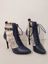 Blue Leopard Print Color Block High Heel Ankle Boots: Fall/Winter 2024 New Arrival