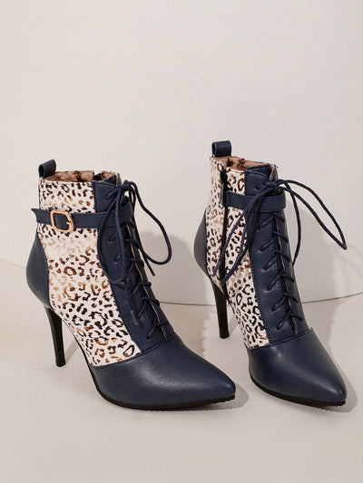 Blue Leopard Print Color Block High Heel Ankle Boots: Fall/Winter 2024 New Arrival