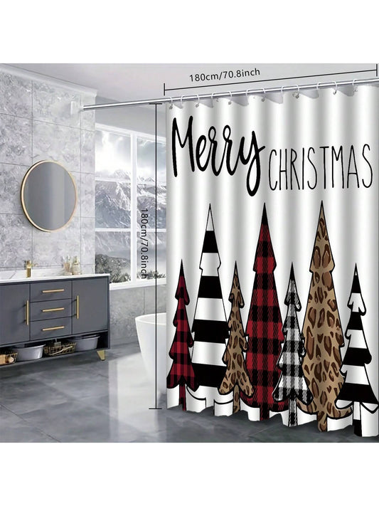 Festive Christmas Shower Curtain Set with Holiday Mat & Hooks – Cheerful Bathroom Decor