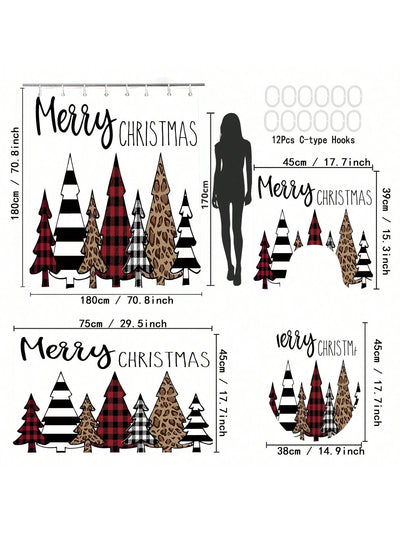 Festive Christmas Shower Curtain Set with Holiday Mat & Hooks – Cheerful Bathroom Decor