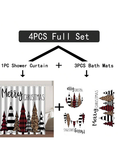 Festive Christmas Shower Curtain Set with Holiday Mat & Hooks – Cheerful Bathroom Decor