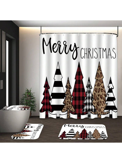 Festive Christmas Shower Curtain Set with Holiday Mat & Hooks – Cheerful Bathroom Decor