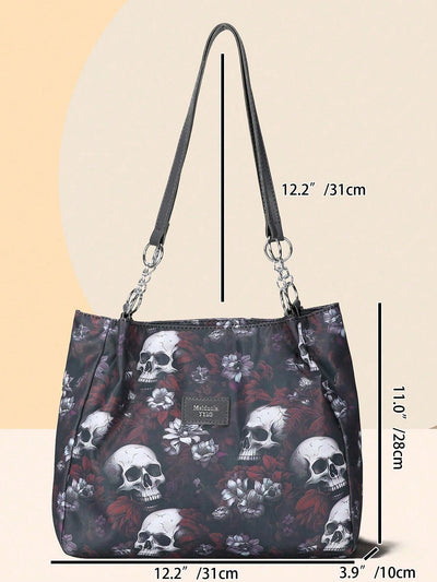 Women's Waterproof Skull Flower Print Retro Shoulder Bag - Perfect for Halloween Parties and Gothic Fashion