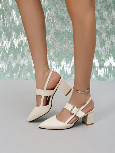 Chic Comfort: Slip-On Beige High-Heeled Sandals with Pointed Toe and Thick Heels