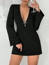 Elegant Rhinestone Embellished Deep V-Neck Mini Cocktail Dress with Flare Sleeves