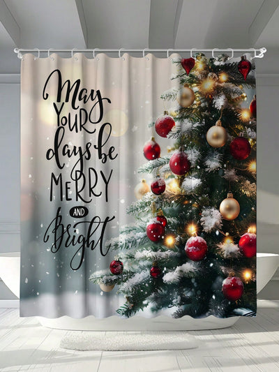 Festive Christmas Tree Shower Curtain - Waterproof and Mildew Resistant with Hooks & Grommets