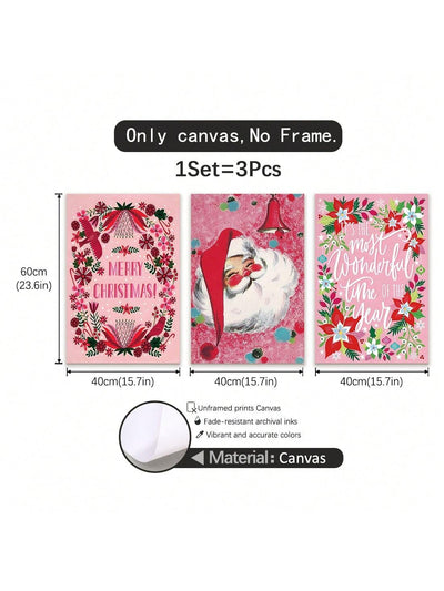 Whimsical Pink Christmas Wall Art Set - 3-Piece Frameless Canvas Decor for a Festive Touch