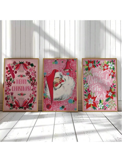 Whimsical Pink Christmas Wall Art Set - 3-Piece Frameless Canvas Decor for a Festive Touch