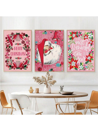 Whimsical Pink Christmas Wall Art Set - 3-Piece Frameless Canvas Decor for a Festive Touch