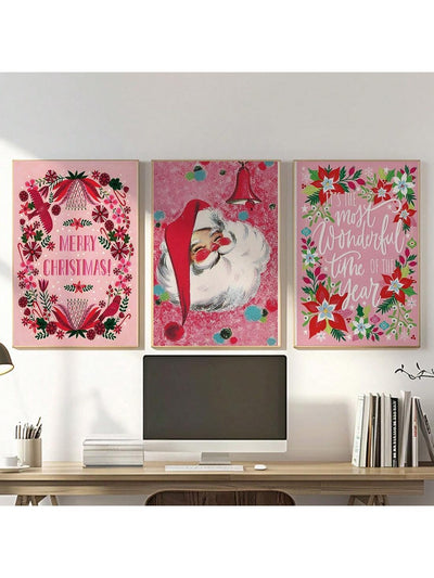 Whimsical Pink Christmas Wall Art Set - 3-Piece Frameless Canvas Decor for a Festive Touch