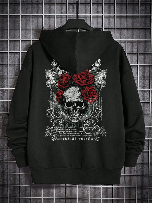 Sleek and Stylish: Men's Casual Skull Floral Print Drop Shoulder Hoodie for Autumn/Winter