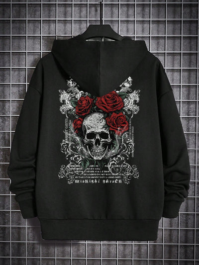 Sleek and Stylish: Men's Casual Skull Floral Print Drop Shoulder Hoodie for Autumn/Winter