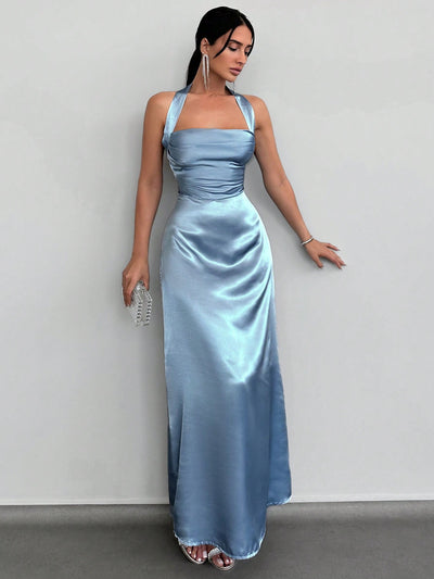 Elegant Backless Satin Maxi Dress with Halter Neck Design