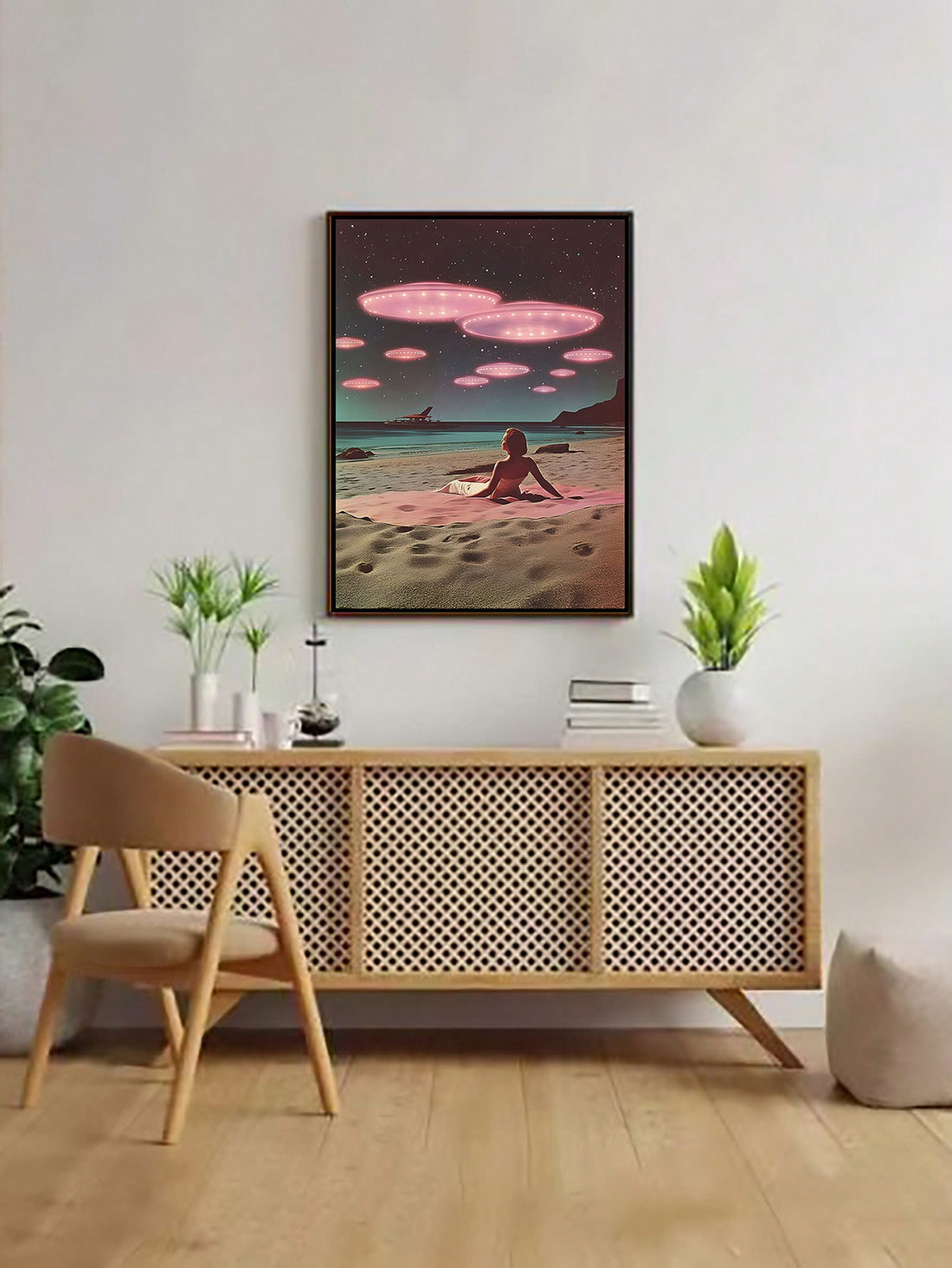 Transform your living space into an otherworldly escape with our Sci-Fi Encounter canvas print. Featuring a UFO and alien beach scene, this modern wall art poster adds a touch of intrigue to any bedroom or living room. Expertly crafted for a sleek and unique look.