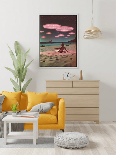 Sci-Fi Encounter: UFO and Alien Beach Canvas Print - Modern Wall Art Poster for Bedroom and Living Room Decor