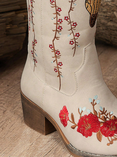 Chic Floral Embroidered Slip-On Wedge Boots - Versatile & Trendy Comfort