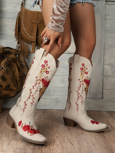 Chic Floral Embroidered Slip-On Wedge Boots - Versatile & Trendy Comfort