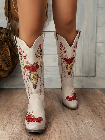 Chic Floral Embroidered Slip-On Wedge Boots - Versatile & Trendy Comfort