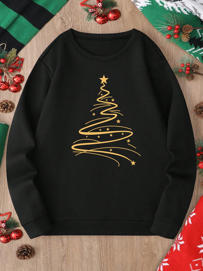 Cozy Christmas Vibes: Women's Long Sleeve Purple Sweatshirt with Festive Tree Print