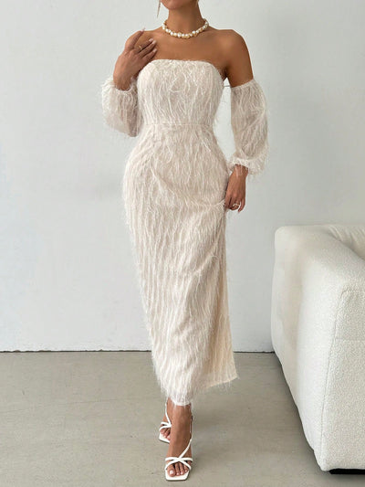 Cozy Elegance: Off-Shoulder Furry Long Sleeve Fitted Dress