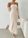 Cozy Elegance: Off-Shoulder Furry Long Sleeve Fitted Dress