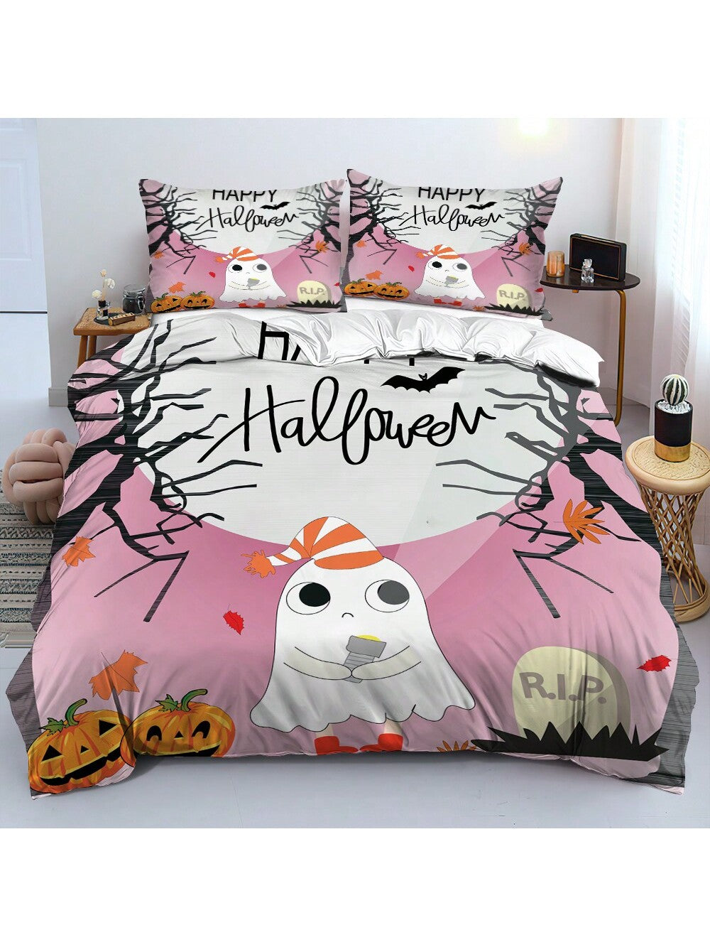 This 3-piece quilt cover set features a charming design of cute baby ghosts, perfect for adding a playful touch to your Halloween decor. Made with soft and durable materials, this set includes a quilt cover and matching pillowcases for a complete and comfortable bedding experience. Spruce up your bedroom for the spooky season with this adorable and high-quality bedding set.