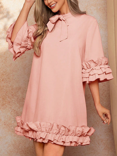 Elegant Tiered Ruffle Hem Tie Collar Dress for Women