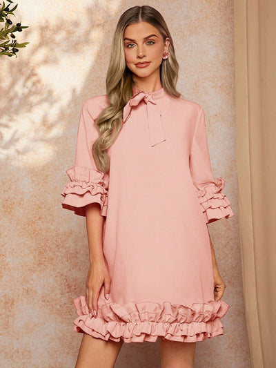 Elegant Tiered Ruffle Hem Tie Collar Dress for Women