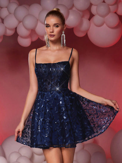 Elegant Navy Blue Corset with Embellished Mini Skirt – Perfect for Graduation and Party Events