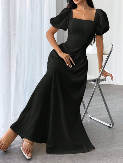 Elegant Summer Solid Square Neck Bishop Sleeve Dress for Women