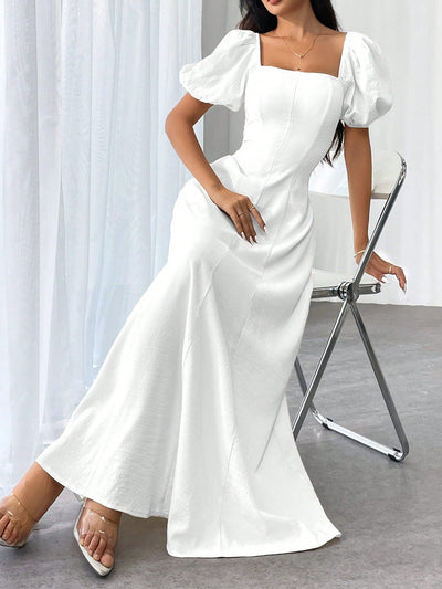 Elegant Summer Solid Square Neck Bishop Sleeve Dress for Women