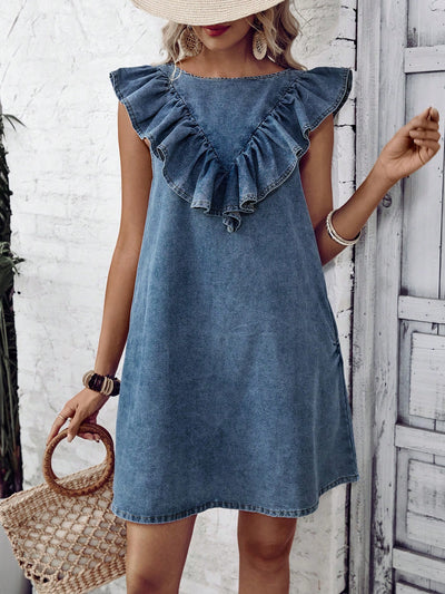 Chic Sleeveless Ruffled Denim Dress - Perfect for Casual Vacations