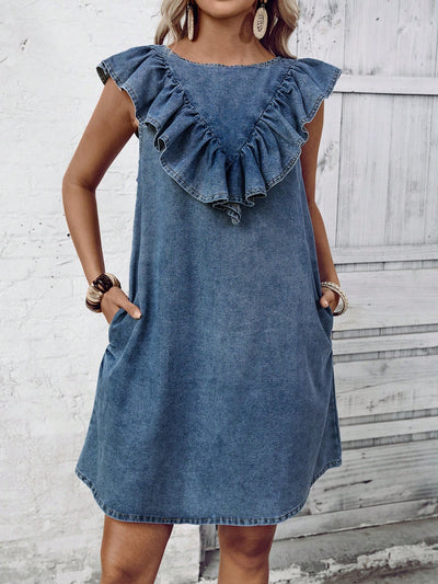 Chic Sleeveless Ruffled Denim Dress - Perfect for Casual Vacations