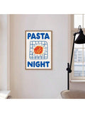 Framed blue Pasta Night spaghetti graphic canvas print on a white wall
