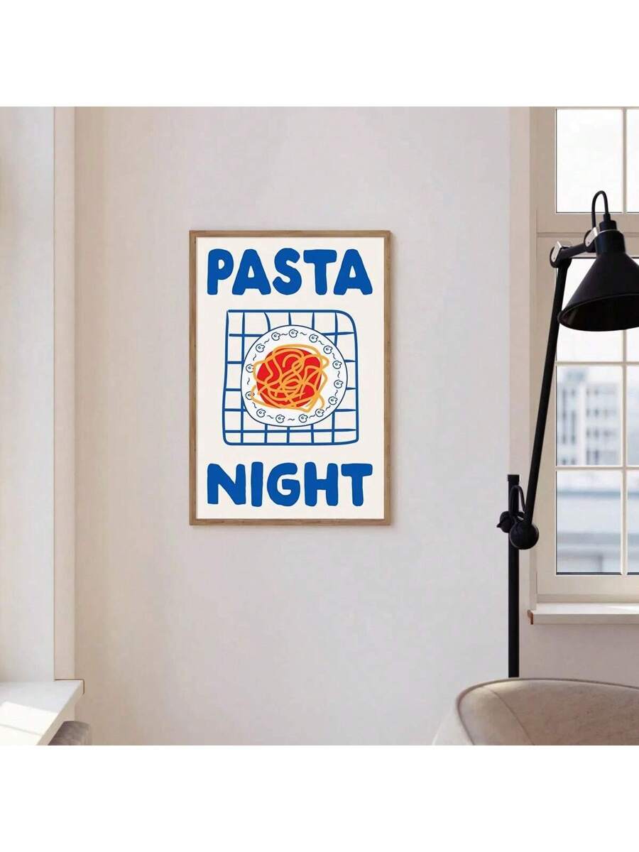 Framed blue Pasta Night spaghetti graphic canvas print on a white wall