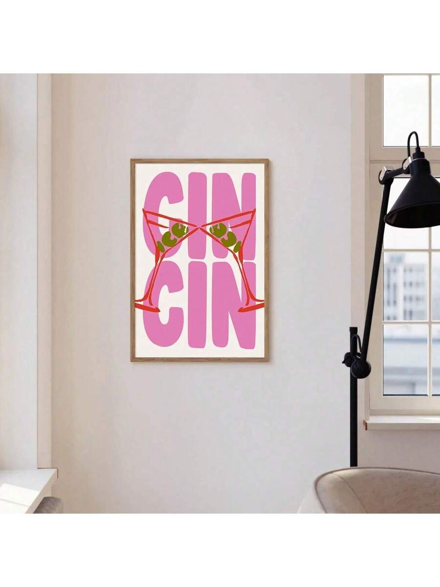 Framed pink Gin Gin cocktail graphic canvas print on a white wall