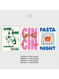 Size guide for three food and drink canvas prints showing Wine & Dine, Gin Gin, and Pasta Night designs