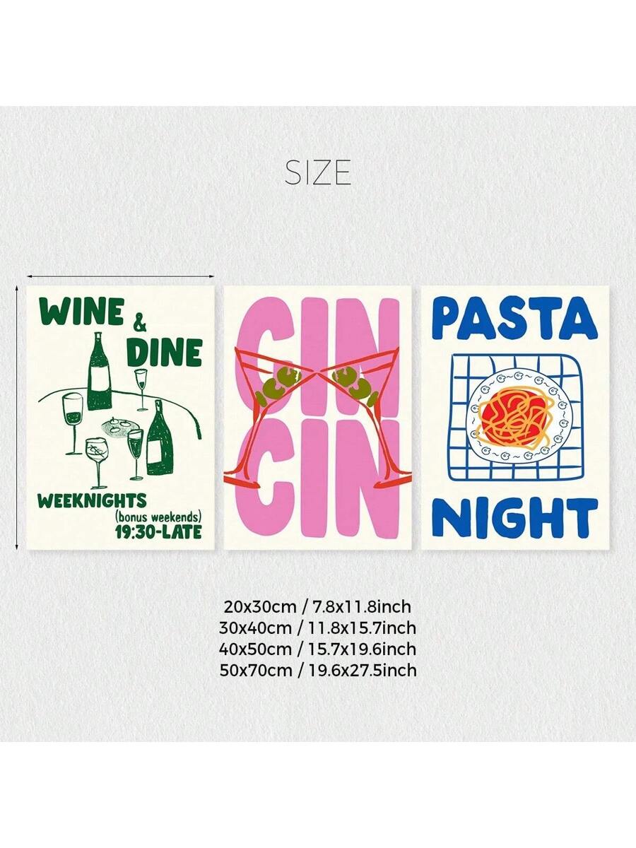 Size guide for three food and drink canvas prints showing Wine & Dine, Gin Gin, and Pasta Night designs