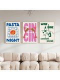 Three-piece Wine & Dine, Gin Gin, and Pasta Night canvas print set above a sofa