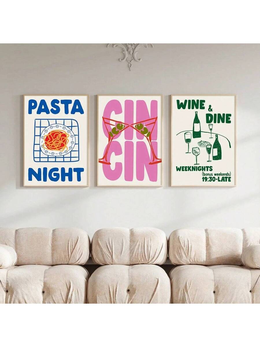 Three-piece Wine & Dine, Gin Gin, and Pasta Night canvas print set above a sofa