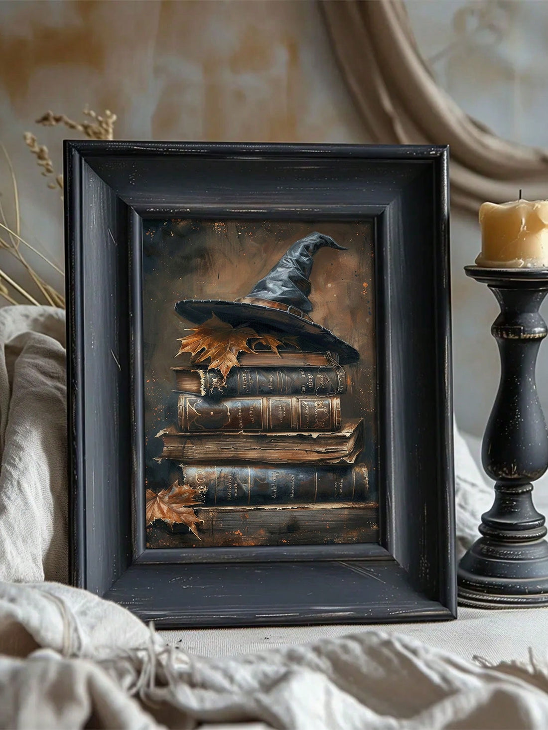 This Gothic Vintage Halloween Academy Poster features a striking design of a witch hat and spell book, perfect for adding an eerie vibe to any room. Made with high-quality materials, it's a must-have for any Halloween lover. Transform your space into a spooky academy with this wall art.