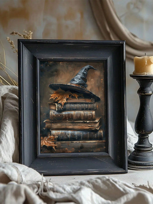 Gothic Vintage Halloween Academy Poster: Witch Hat and Spell Book Wall Art