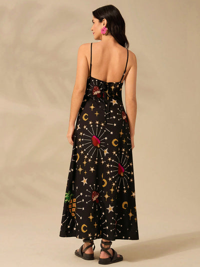 Boho Bliss: Women's Star, Moon & Mushroom Print Sleeveless Black Long Dress for Summer Getaways