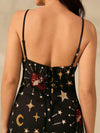 Boho Bliss: Women's Star, Moon & Mushroom Print Sleeveless Black Long Dress for Summer Getaways