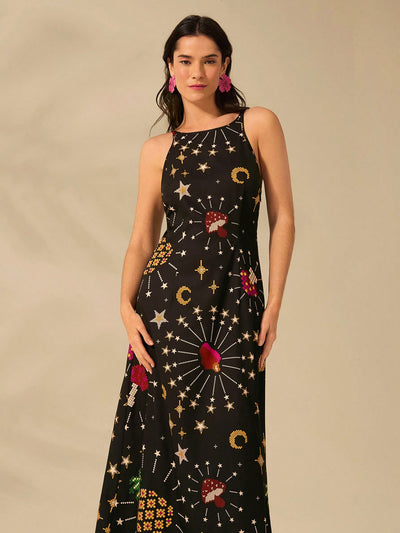 Boho Bliss: Women's Star, Moon & Mushroom Print Sleeveless Black Long Dress for Summer Getaways