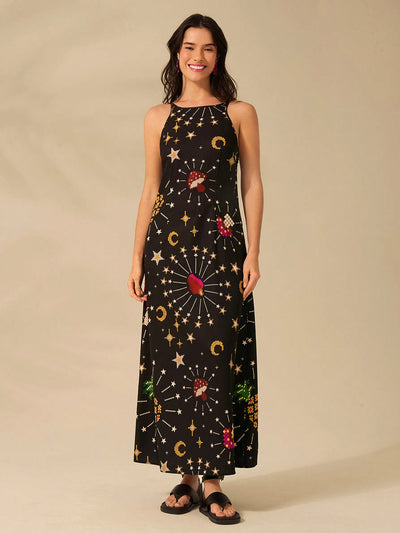 Boho Bliss: Women's Star, Moon & Mushroom Print Sleeveless Black Long Dress for Summer Getaways