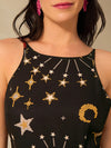 Boho Bliss: Women's Star, Moon & Mushroom Print Sleeveless Black Long Dress for Summer Getaways