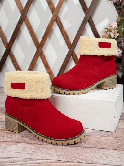 Cozy Chic: Women's 2-in-1 Mid-Calf Faux Leather Snow Boots with Chunky Heel and Fur Lining