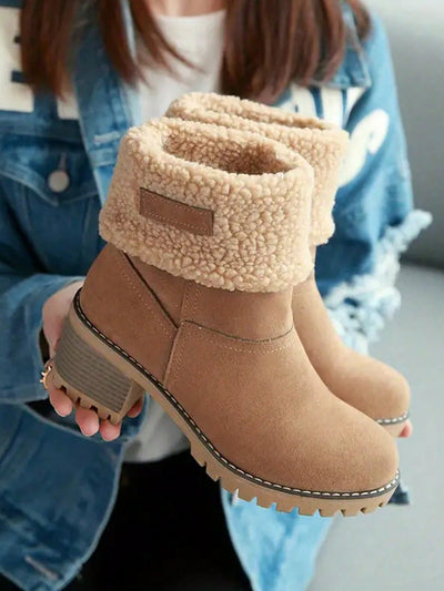 Cozy Chic: Women's 2-in-1 Mid-Calf Faux Leather Snow Boots with Chunky Heel and Fur Lining