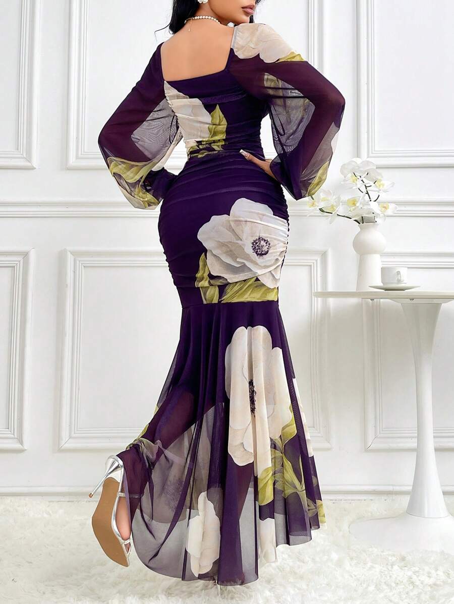 Elevate your evening wardrobe with this stunning purple floral dress, designed for timeless elegance. Featuring bishop sleeves with delicate puffing and a flattering fishtail hem, this maxi dress combines sophistication with modern style. The square neckline and ruched bodycon silhouette create a refined, feminine shape, while the all-over floral print adds visual interest. Crafted from a breathable knit blend with slight stretch for comfort, this lined dress transitions seamlessly from weddings to special 